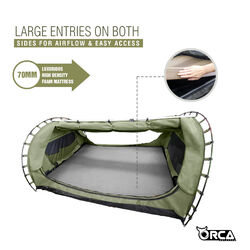 Orca Outdoors Deluxe Double Size Canvas Swag with 70mm Mattress and Awning Poles - Khaki