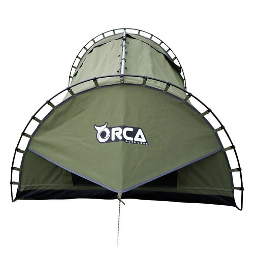 Orca Outdoors Deluxe Double Size Canvas Swag with 70mm Mattress and Awning Poles - Khaki